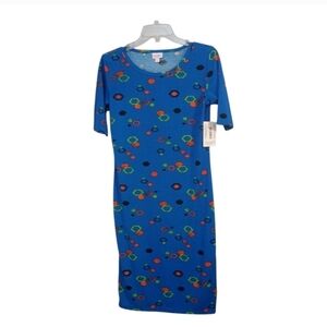 NWT LuLaroe Julia Dress Cobalt Blue Green Orange Midi Dress Size Small 4/6